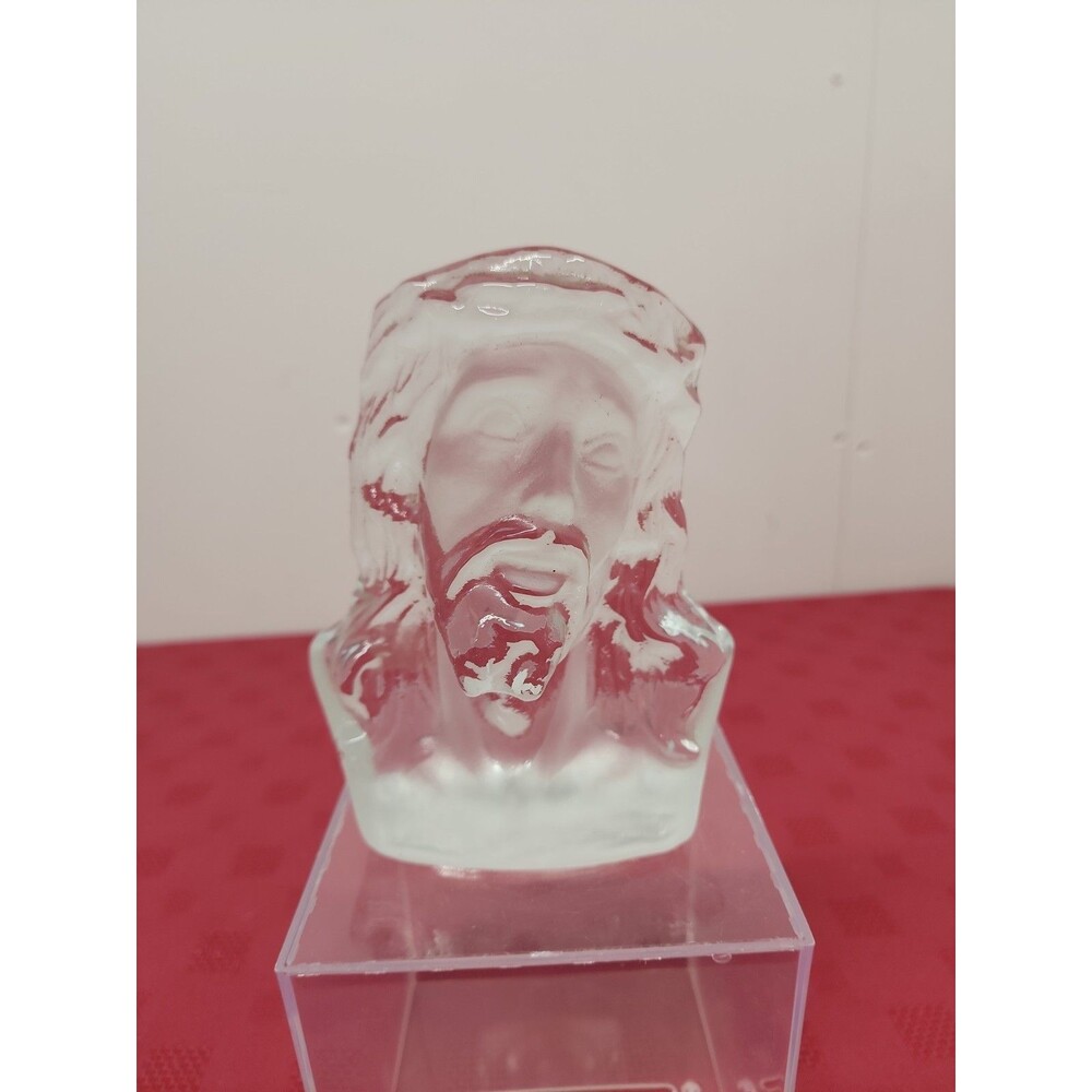 VTG 1980s Viking Glass Jesus Bust Frosted/Clear Religious Statue With Sticker 6"